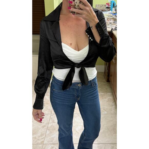 Top Chic black tie waist satin look pearl buttons long sleeve NWT small $68 - Picture 3 of 8